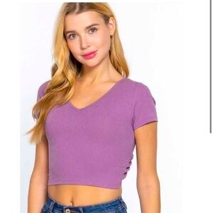 Women’s Purple Ribbed Short Sleeve Spandex Cut Out Back Crop Top Shirt